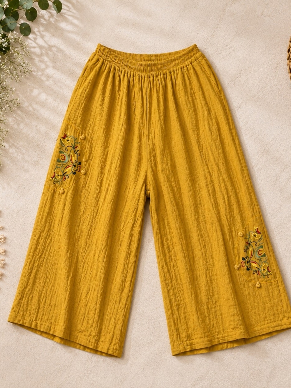 Boho Mustard Embroidered Linen Blend Pants XL- 38" Waist - 27" Inseam